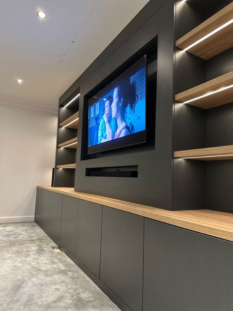 A massive transformation of the living room. Made to measure media walls by DEVIN Furniture LTD Media Wall Shelves, Wall With Fireplace, Tv Wall Design Luxury, Media Wall Unit, Wall Unit Designs, Feature Wall Living Room, Media Room Design, Living Room Wall Units, Living Room Built Ins