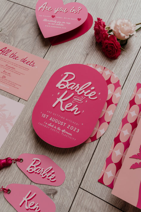 Barbie Wedding Theme, Barbie Inspired Wedding, Barbie Pink Wedding, Hot Pink Wedding Invitations, Colour Palette Wedding, Barbie Invitation, Pink Save The Date, Wedding Barbie, Pink Colour Palette