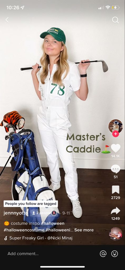 Caddy And Golfer Costume, Masters Caddy Costume, Caddy Costume, Halloween Costumes For Girls, Girl Costumes, Nicki Minaj, Holiday Ideas, White Jeans, Halloween Costumes