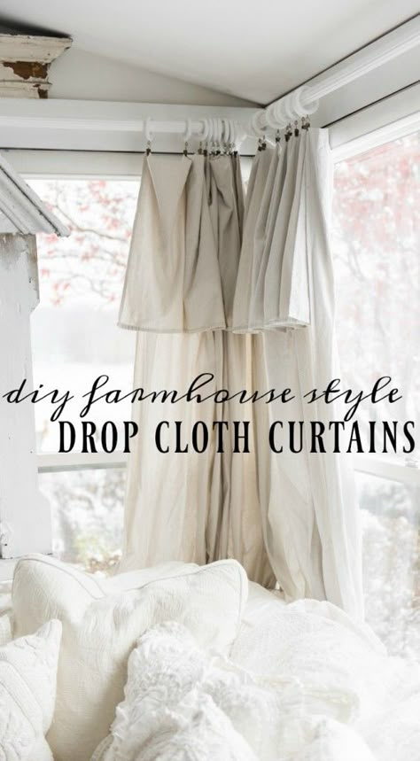 DIY drop cloth curtains - A simple & easy way to add farmhouse and cottage style curtains to any room on a budget! A great pin for farmhouse and cottage style decor inspiration! Cottage Style Curtains, Diy Drop Cloth Curtains, Farmhouse Window Treatments, Cloth Curtains, Diy Farmhouse Style, Room On A Budget, Drop Cloth Curtains, Farmhouse Windows, Farmhouse Curtains