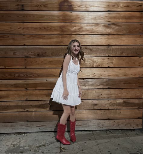 White Dress And Red Cowboy Boots, White Dress Red Boots, White Dress And Cowboy Boots, White Spaghetti Dress, Lana Concert, Dress And Cowboy Boots, Red Cowgirl Boots, Poofy Dress, Concert Ideas