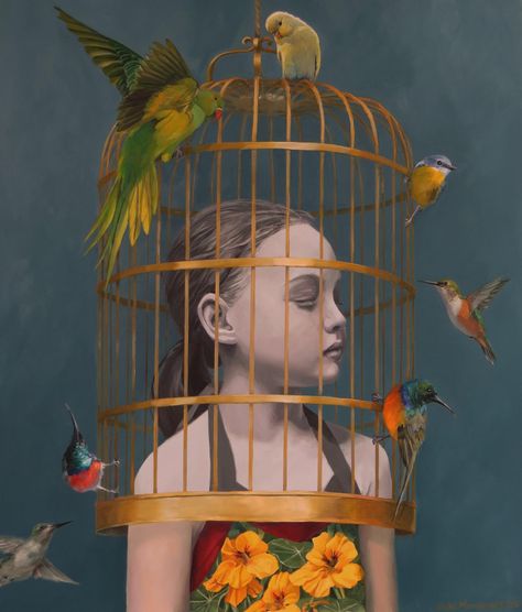 GIRL IN A GILDED CAGE BY ELISE MCDONALD Dreamy Paintings, Narrative Elements, Bird In A Cage, The Caged Bird Sings, Magic Realism, Painting Of Girl, Surreal Art, Rococo, Bird Art