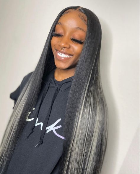 Grey Highlights On Dark Hair Black Women, Peekaboo Closure Sew In, Leave Out With Color, Middle Part Sew In With Color, Black And Blonde Quick Weave Side Part, Black And Grey Quick Weave, Black Wig With Silver Highlights, Gray Hairstyles For Black Women, Black And Grey Highlights Wig