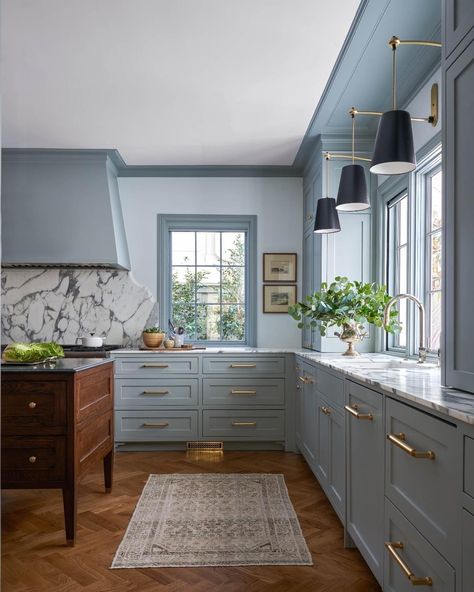 Blue On Blue Kitchen, Oval Room Blue Kitchen Cabinets, Kitchen With Blue Walls, Wood And Blue Kitchen, California Modern Kitchen, Kitchen Cabinet Blue, Blue Kitchens Ideas, Blue Cabinet Kitchen, Kitchen Remodel Colors