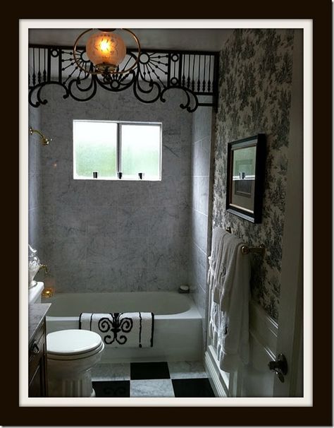 Love the scroll work at the top of the shower!!! Goth Bathroom Ideas, Gothic Bathroom Ideas, Goth Bathroom, Gothic Bathroom Decor, Gothic Bathroom, Victorian Bathroom, Goth Home, Goth Home Decor, Chic Bathrooms