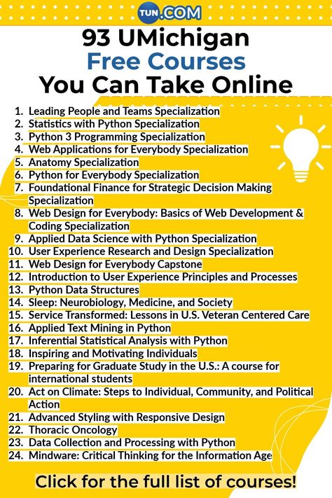 93 University of Michigan Free Courses You Can Take Online Free Certification Courses, Free College Courses Online, Free Courses Online, Free College Courses, Free Educational Websites, Free Learning Websites, Free Online Education, Free Online Learning, Free Classes