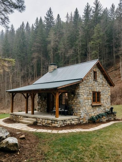 Stone And Wood Cottage, Stone Mountain House, Tiny Stone House, Tiny Rustic Cabin, Stone Cottage Homes, Small Stone Cottage, Small Stone House, Stone Cabin, Log Cabin Rustic