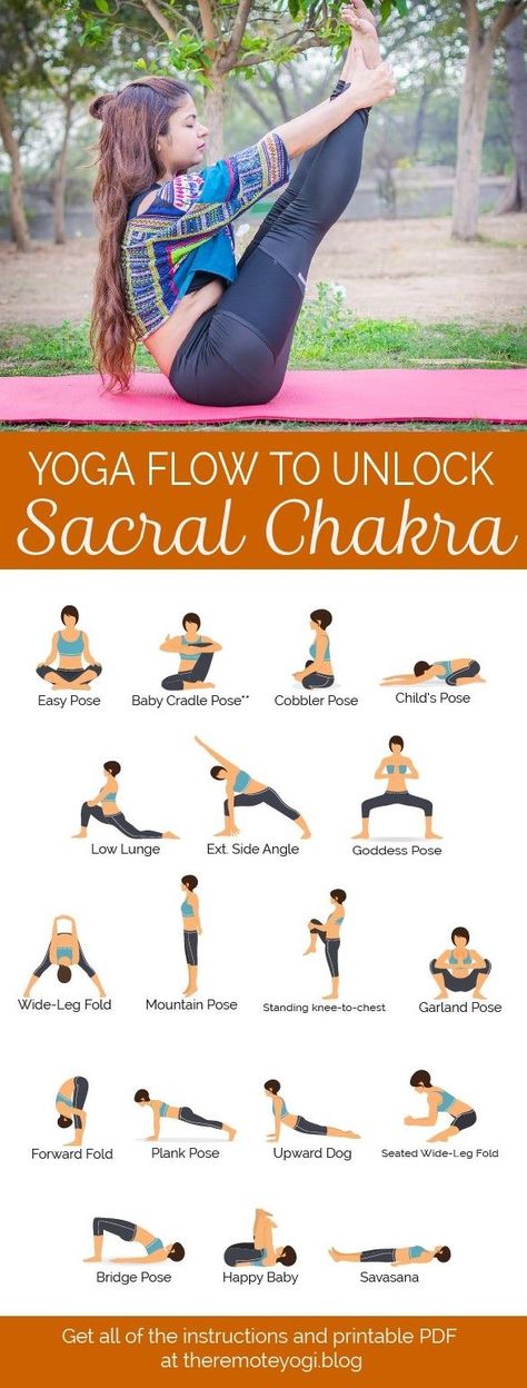 The sacral chakra is largely associated with passion and creativity. In today's printable yoga PDF, we focus on posted to open the sacral chakra. #sacralchakra #chakrayoga #yogapdf Sacral Chakra Yoga Poses, Sacral Chakra Yoga, Swadhisthana Chakra, Ayurveda Massage, Hata Yoga, Sacral Chakra Healing, Yoga Flow Sequence, Yoga Poses For Two, The Sacral Chakra