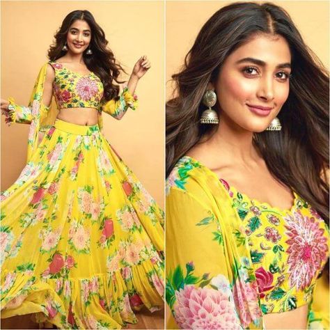 Yellow Lehenga Choli Designs for Haldi Ceremony in Bollywood Style - K4 Fashion Lehenga Designs For Haldi, Yellow Lehenga Choli, Floral Print Lehenga, Print Lehenga, Lehenga Choli Designs, Haldi Outfit, Yellow Floral Blouse, Yellow Lehenga, Pooja Hegde