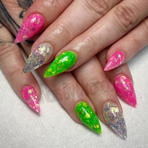 Neon Pink Green Nails, Neon Green Glitter Nails, Neon Pink And Green Nails, Glitter Summer Nails, Green Glitter Nails, Match Nails, Pink Glitter Nails, Sparkle Nails, Pink Acrylic