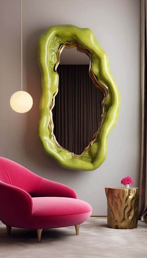 Chartreuse Blob Mirror in AI interior. Here is a blob mirror home interior idea 🥰 #modernfurniture #wallart #allmirror #mirror #modernmirror #wallart Funky Mirror Ideas, Mirror Wall Panel, Blob Mirror, Unusual Mirrors, Funky Mirrors, Mirrors Diy, Blob Mirrors, Glam Mirror, Unique Mirrors