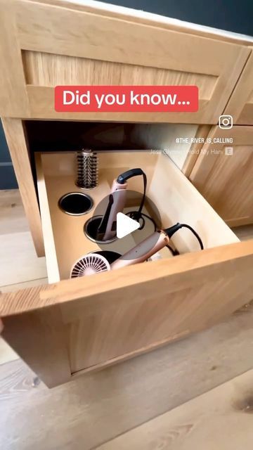 Docking Drawer™ on Instagram: "Would you design your vanity drawer this way? 🤩 ✨ Docking Drawer Stainless Steel Capped Canisters are the perfect complement to any Docking Drawer Blade in-drawer outlet. Combining in-drawer power with our canisters adds organization and purpose to the drawer while eliminating clutter from vanity surfaces. ✨ With sizes ranging from 3 to 5 inches, the seamless stainless steel finish is electropolished for a shiny, bright, smooth and corrosion-resistant finish. You’re sure to find drawer canisters that will pair perfectly with any project. Shoutout to @the_river_is_calling for showing off her awesome vanity! #vanity #vanitydrawer #vanityorganization" Hair Tool Drawer, Drawer Outlet, Docking Drawer, Hair Dryer Organizer, Vanity Drawer, Bathroom Vanity Drawers, Bathroom Drawer Organization, Hair Dryer Storage, Tool Drawers