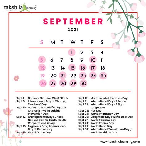 #September2021 : Important Dates and Days of September 2021 . . . . #september2021#september2021calendar #september #septembermonth #importantdates #takshilalearning #importantdays #septemberimportantdays #onlinelearningplatform #septembercalendar Apple Cider Vinegar Health, Liberation Day, September Calendar, International Day Of Peace, Month Of September, Sept 1, Calendar Day, Daughters Day, Indian Festival