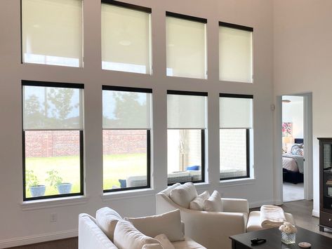 Solar Shades with Contrasting 3" Black Fascia - 3% Openness Black Shades With White Curtains, Black Solar Shades, Shades With Black Windows, Roller Shades Black Windows, Window Coverings Black Windows, Window Treatments On Black Windows, Blinds For Black Windows, Black Window Shades, Solar Shades Living Room