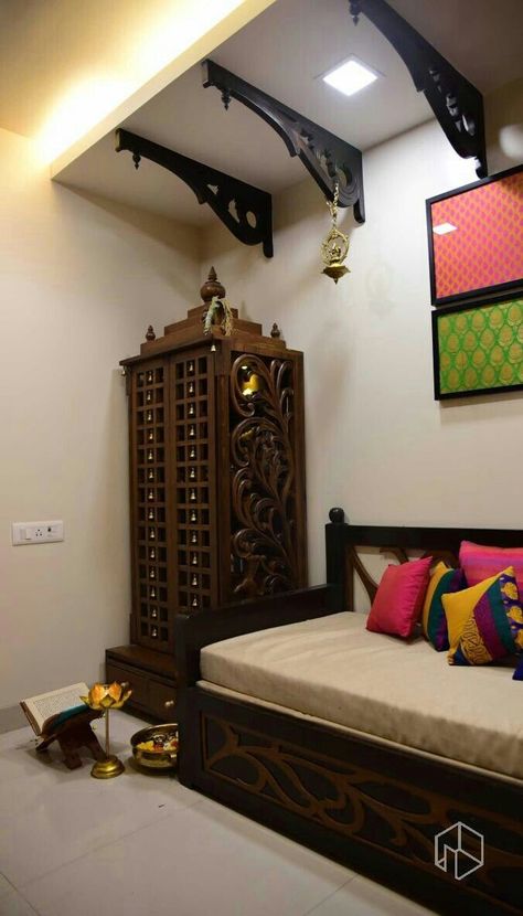 Gopuram Designs For Pooja Room, Indian Traditional Bedroom, Traditional Pooja Room Design, Perfect Living Room Decor, Pooja Unit, Living Room Brown, Indian Living Rooms, Room Brown, Temple Design For Home