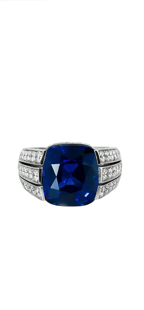 A fascinating 1960s ring by Cartier, set at the center with a large Kashmir sapphire weighing approximately 15.091 carats, surrounded at each side with three rows of pave set brilliant-cut diamonds mounted in platinum. Signed Cartier. 100 Bill, Kashmir Sapphire, Mom Jewelry, Large Gift, Sapphire Diamond Ring, Sapphire Diamond, High Jewelry, Brilliant Cut Diamond, Cartier