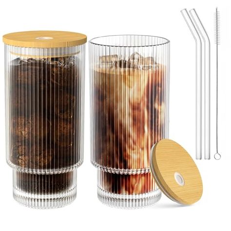 WXCWYQR Glass Cups with Lid and Straw 2 Set, 16OZ Drinking Glasses for Whiskey Cocktail Beer, Ribbed Glassware Set for Gift (2 SET) Cups With Bamboo Lids, Ribbed Glassware, Whiskey Cocktail, Drinkware Sets, Cocktail Glassware, Cleaning Brushes, Whiskey Cocktails, Perfect Cocktails, Iced Coffee Cup