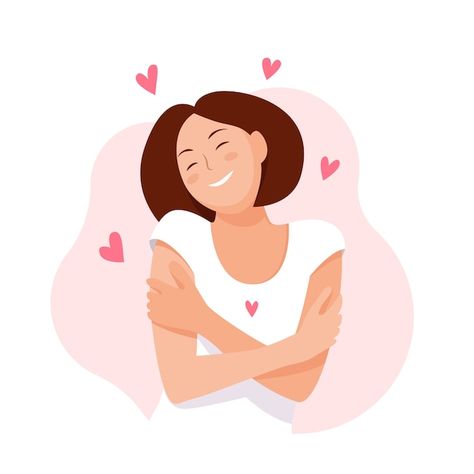 Woman hugging herself with hearts. love ... | Premium Vector #Freepik #vector #love-myself #love-yourself #self-hug #self-love Woman Hugging Herself, Premium Vector, Self Love