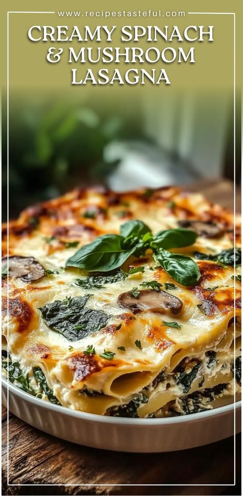 This creamy and hearty lasagna is a delicious twist on a classic favorite, featuring sautéed spinach, tender mushrooms, and layers of rich Alfredo sauce, creamy ricotta, and melty mozzarella cheese. Perfect for vegetarians or anyone looking to enjoy a comforting, flavorful dish, this lasagna is sure to become a family favorite. Spinach And Ricotta Lasagna, Vegetarian Alfredo, Spinach Mushroom Lasagna, Lasagna With Ricotta, Lasagna Recipe With Ricotta, Vegetarian Lasagna Recipe, Mushroom Lasagna, Spinach Alfredo, Alfredo Lasagna