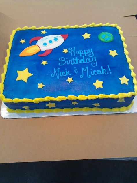 Outerspace cake Outer Space Sheet Cake, Space Theme Sheet Cake, Rocket Ship Birthday Cake, Spaceship Birthday Cake, Space Sheet Cake, Spaceship Cake, Space Birthday Cake, Rocket Ship Cakes, Fire Engine Cake