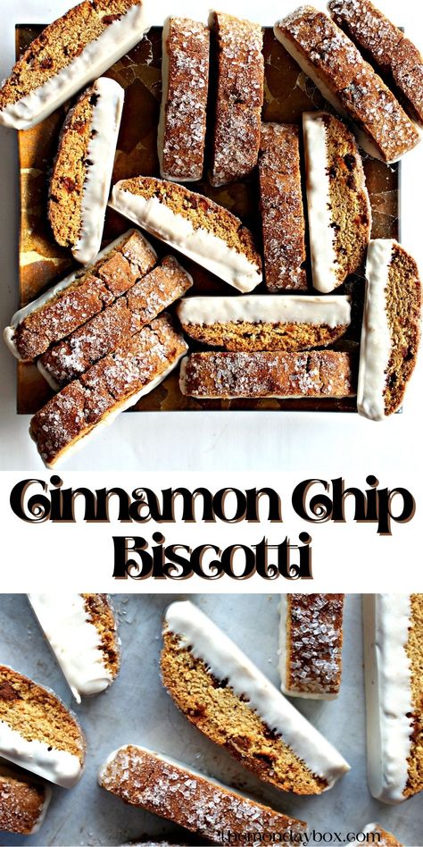 A plate of brown slices of biscotti with their bottoms dipped in white chocolate and the tops sprinkled with sugar. Chocolate Dipped Biscotti, Cinnamon Biscotti, Package Cookies, Yellow Cake Mix Recipes, Cookies From Scratch, Biscotti Cookies, Cinnamon Cookies, Cookies Baking, Cinnamon Chips