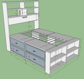 Diy Platform Bed With Headboard Storage, Platform Bed Bookshelves, Diy Captains Bed, Diy Platform Bed With Storage, Diy Beds, Full Bed With Storage, Diy Storage Bed, Rv Interior Remodel, Storage Bed Queen