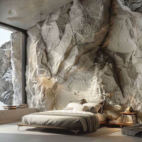 Rock Feature Wall Interiors, Rockwall Bedroom, Stone Wall Interior Design Modern, Stone Bedroom, Diy Stone Wall, Wall Behind Bed, Unique Bedroom Design, Stone Accent Walls, Stone Wall Design