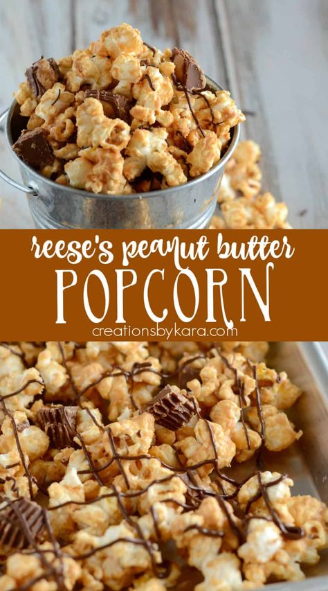 Reese’s Pieces Popcorn, Reese’s Popcorn, Peanut Butter Popcorn Recipes, Reeses Dessert, Reeses Desserts, Chocolate Peanut Butter Popcorn, Christmas No Bake Treats, Popcorn Recipes Easy, Popcorn Toppings