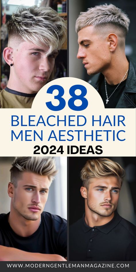 Check out 38 cool bleached hair ideas for men. Whether it's bold or subtle, there's a style for every personality. #BleachedHair #MensHairstyles #HairTrends Skunk Stripe Hair Guy, Men’s Bleach Blonde Hair, Men’s Hair Blonde, Black Roots Blonde Hair Men, Mens Hair Color Ideas Blonde, Grown Out Bleached Hair Men, Men Bleached Hair Short, Guys Bleached Hair, Bleach Mens Hair