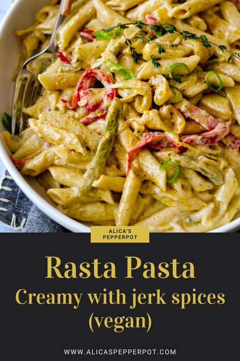 Jerk Chicken And Shrimp, Jerk Chicken Pasta, Rasta Pasta Recipe, Pasta Creamy, Rasta Pasta, Vegan Pasta Dish, Jamaican Dishes, Ladies Jewellery, Chicken And Shrimp