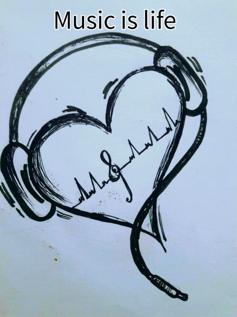 Heart Listening To Music Drawing, Music Art Easy, Drawing Ideas About Music, Music Designs To Draw, Music Is Life Drawing, Musical Note Drawing, Cute Music Drawings Easy, Music Themed Drawing Ideas, Music Heart Drawing