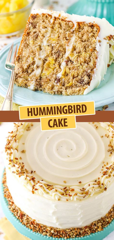 This Hummingbird Cake is tender, moist and delicious! It's full of banana, pineapple, pecans and spices and covered in cream cheese frosting! Hummingbird Pound Cake Recipe, Easy Hummingbird Cake, Hummingbird Cake Recipe, Cookies And Cream Frosting, Hummingbird Cake Recipes, Southern Cake, Hummingbird Cake, Kid Desserts, Bird Cakes