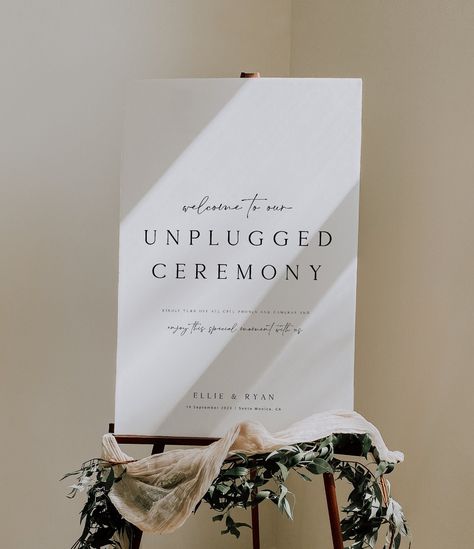 "ELLIE Minimalist Unplugged Ceremony Sign Template, Modern Unplugged Wedding Sign, Unplugged Wedding Welcome Sign Poster, Wedding Welcome ➥ See MATCHING ITEMS from Ellie Collection: https://www.etsy.com/shop/Cartolinadesign?ref=seller-platform-mcnav&search_query=ELLIE ¡This listing is for a digital file, no physical product will be shipped! Hi there! Welcome to Cartolina Design!  Get access to your template within minutes of purchase and create your perfect printable today!  Ellie collection features modern and classic fonts, minimal and simple. Change whatever you want to better match your event! Try the demo below! DEMO Try before you buy! Copy and paste the following link into your browser: https://templett.com/design/demo/Cartolinadesign/17261551,17261564,17666331 WHAT YOU  GET This li Wedding Signs Unplugged, Welcome Party Sign Wedding, Unplugged Sign, Welcome Signs Wedding Entrance, Unplugged Ceremony, No Phone Wedding Signs, Un Plugged Wedding Signs, Ceremony Welcome Sign, Wedding Ceremony Sign