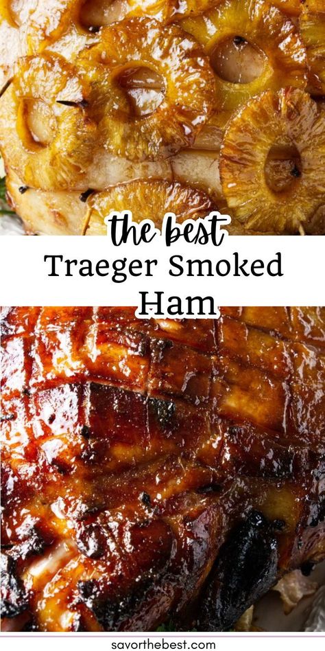 Our Traeger smoked ham is as tasty as it is beautiful! This is a whole ham that will feed a crowd and serve as a show-stopping centerpiece for special occasions and holiday meals. The ham is covered in pineapple rings and basted with a sweet and savory pineapple glaze. Spiral Sliced Ham On Smoker, Smoked Boneless Ham Recipes, Smoked Picnic Ham Recipes, Smoked Spiral Ham In Electric Smoker, Twice Smoked Spiral Ham, Spiral Ham On Smoker, Traeger Smoked Ham Recipes, Bone In Smoked Ham Recipes, Smoked Spiral Ham Traeger