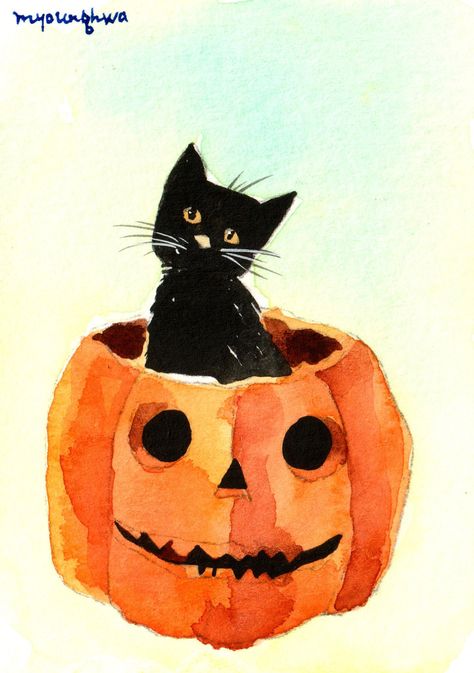 This is an ACEO original watercolor painting *It measures 2.5x3.5 inches. *It is done on heavyweight (140lb) cold press, acid free Strathmore watercolor paper. *It comes in hard boards in a flat envelop. Thanks so much for your interest in my work. Cat Halloween Painting, Halloween Watercolour Painting, Halloween Theme Art, Halloween Painting Watercolor, Watercolor Dark Art, Easy Halloween Watercolor, Autumnal Paintings, Halloween Watercolor Cards, Black Cat Art Illustration