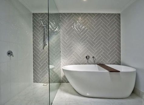 Grey Bathroom With Feature Wall, Grey Feature Wall Bathroom, Bath Feature Wall Tile, Herring Bone Tiles Bathroom, Herring Bone Shower Wall, Grey Herringbone Shower Tile, Herringbone Feature Wall Bathroom, Double Herringbone Tile Bathroom, Herringbone Accent Wall Bathroom