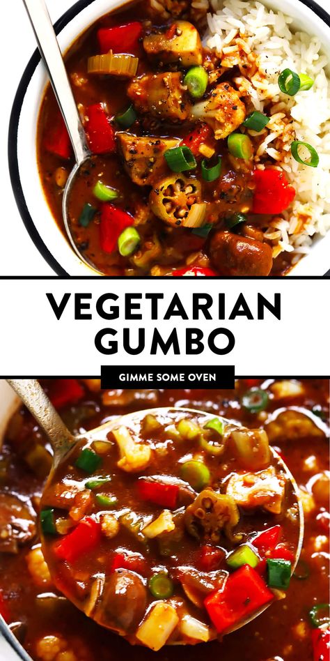 This Vegetarian Gumbo recipe is easy to make, it's made with LOTS of hearty veggies, and full of the best zesty Creole flavors. Feel free to serve this gumbo recipe over rice, quinoa, noodles or whatever sounds good! | gimmesomeoven.com #gumbo #creole #cajun #soup #stew #dinner #mardigras #mealprep #vegetarian #freezermeals Vegetarian Gumbo Recipe, Cajun Soup, Vegetarian Gumbo, Stew Dinner, Cajun Creole Recipes, Gimme Some Oven, Gumbo Recipe, Creole Recipes, Cajun Recipes