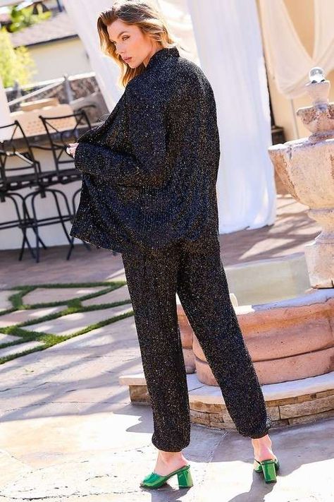 Sequin Jogger Pants, Duster Dress, Sequin Blazer, Pants Plus Size, Drawstring Jogger, Form Fitting Dress, Swimwear Brands, Clothing Co, Black Sequins