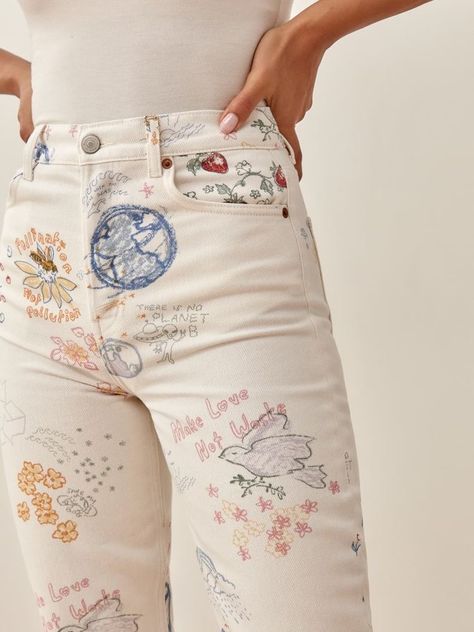 Straight Long Jeans, Doodle Print, Printed Denim Jeans, High Rise Straight Leg Jeans, Long Jeans, Mode Inspo, Printed Denim, Diy Style, Dream Clothes