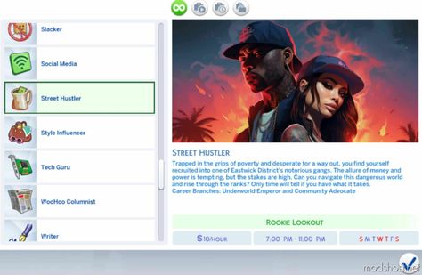 Street Hustler Career for Sims 4 at ModsHost! Dive into the gritty world of the streets with the “Street Hustler: Rise to Power” career mod. Begin your journey as a small-time hustler, navigating challenges, forming alliances, and making crucial decisions. As you climb the ranks, experience dynamic events that shape your path. Will you reign supreme or succumb to the pressures of the ... #gaming #sims4cc #mods #sims #careers #videogames Sims 4 Scammer Career Mod, Sims 4 Mods Gang, Sims 4 Cc More Jobs, Sims 4 Nba Career, Sims 4 Urban Careers, Sims 4 Robbery Mod, Rapper Mod Sims 4, Sims 4 Part Time Jobs, Sims 4 Jail Mod