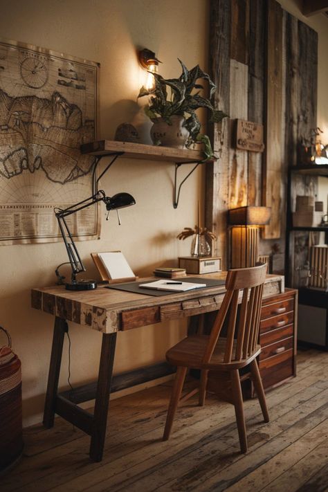 When creating a rustic office, focus on natural materials like wood, stone, and metal. A rustic home office desk made from reclaimed wood 🪵 adds charm, while metal accents bring in a modern touch. Combine with a wooden shelf for extra storage and style. Adding rustic plant decor 🌿 completes the earthy vibe. These are perfect rustic style. #RusticHomeOfficeDesk #WoodStoneMetalInteriorDesign #RusticStyleHomeDecor #WoodenShelf #RusticMensOffice #OfficeRusticDesign #ModernWoodenHouse #IntoTheWood Earthy Home Office, Earthy Office, Men’s Home Office, Metal Interior Design, Rustic Home Office, Office With Fireplace, Modern Wooden House, Rustic Home Offices, Rustic Office