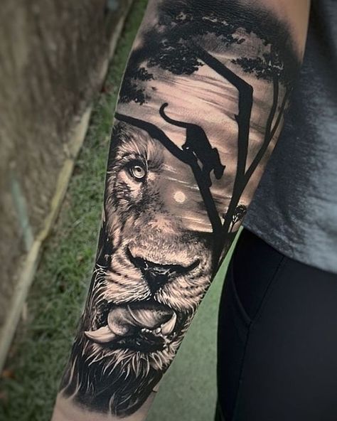 Want to get a lion tattoo but don’t know which design to choose? We gathered for you the 63 best lion tattoos for men and their meanings! African Sleeve Tattoo, Cool Tattoo Designs, Lion Forearm Tattoos, Jungle Tattoo, Tiger Tattoo Sleeve, Africa Tattoos, Animal Sleeve Tattoo, Leopard Tattoos, African Tattoo