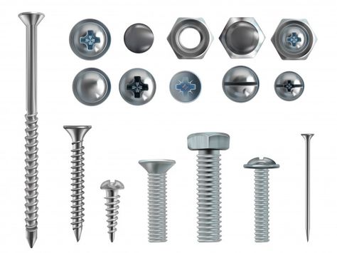 3d realistic illustration of stainless steel bolts, nails and screws on white background. Free Vector Build Outdoor Furniture, Diy Furniture Building, Realistic Illustration, Pocket Screws, Drywall Screws, Stainless Steel Bolts, Pocket Hole Screws, Nuts And Washers, Screws And Bolts