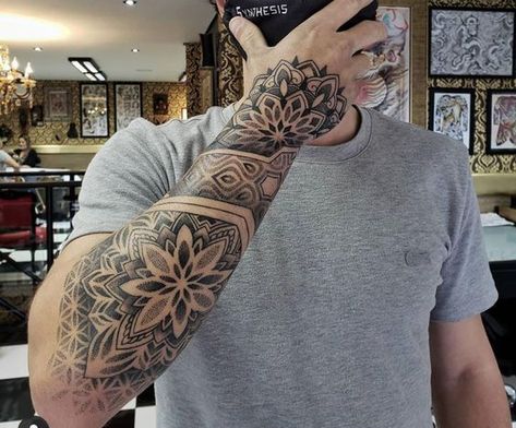 Geometric Tattoo Forearm Men, Arm Dotwork Tattoo, Mandala Half Sleeve Tattoo Men, Full Hand Tattoos For Guys, Geometric Tattoo Sleeve Designs Men, Pattern Tattoo Men, Mandala Hand Tattoo Men, Mandela Tattoo Men, Geometric Mandala Tattoo Design Men