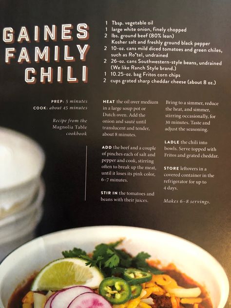 Gaines Family Chili, Country Potato Soup, Magnolia Magazine, Chili Recipe Video, Magnolia Table Recipes, Asian Chicken Noodle Soup, Joanna Gaines Recipes, Fritos Corn Chips, White Chicken Chili Recipe