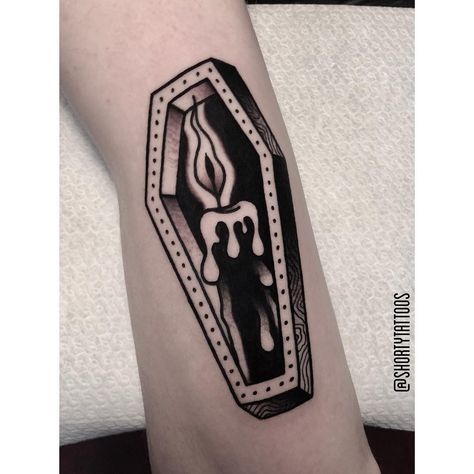 Coffin American Traditional Tattoo, Black Candle Tattoo, Coffin Tattoo Simple, Coffin Finger Tattoo, Coffin Tattoo Traditional, Coffin Tattoo Ideas, Traditional Coffin Tattoo, Traditional Tattoo Coffin, Coffin Tattoo Design