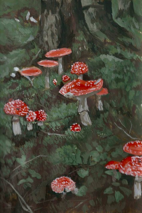 Cottagecore Oil Painting, Cottagecore Landscape Painting, Goblin Core Painting, Mushroom Field Painting, Mushroom Landscape Painting, Fairy Core Art Drawing, Mushroom Cottagecore Art, Cottagecore Painting Ideas Easy, Vintage Painting Aesthetic Easy