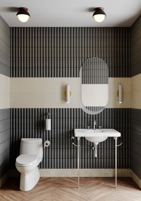 Moore Park on Behance Office Bathroom Ideas Corporate, White Bathroom Tiles Ideas, Bathroom Tile Ideas White, Bathroom Tiles Ideas, Accent Wall Bathroom, Mosaic Bathroom Tile, Chicago Interior Design, Black White Bathrooms, White Bathroom Tiles