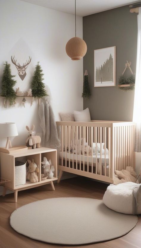 Cozy nursery with forest decor and wooden accents. Forest Baby Nursery Girl, Forest Baby Nursery, Woodland Nursery Ideas, Outdoorsy Girl, Nursery Woodland, Cozy Nursery, Forest Baby, Forest Decor, Nursery Room Inspiration