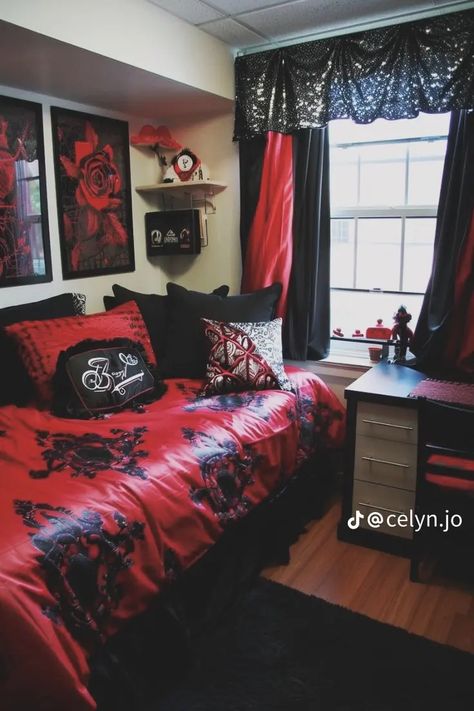 Remake Furniture, Black And Silver Bedroom, Red Dorm, White Dorm Room, Red Room Decor, Black Room Aesthetic, Dorm Room Decorating Ideas, Dorm Room Decorating, Gothic Decor Bedroom